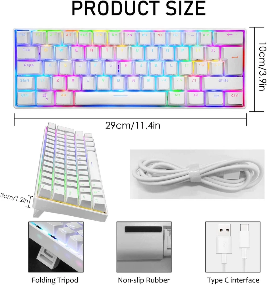 Compact 62-Key Wired Mechanical RGB Gaming Keyboard Compatible with PS4