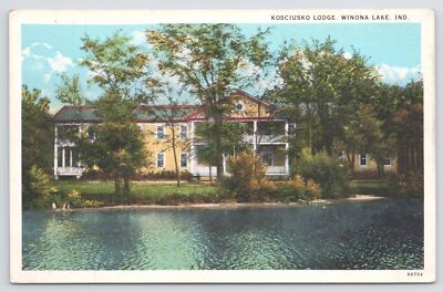 Linen~Kosciusko Lodge On Winona Lake In Indiana~Trees Block Front View~PM 1929