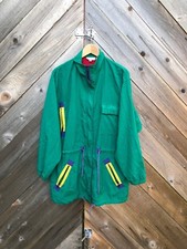 Vintage 80s 90s Athletic Jacket Color Block Green Nylon Large Draw String
