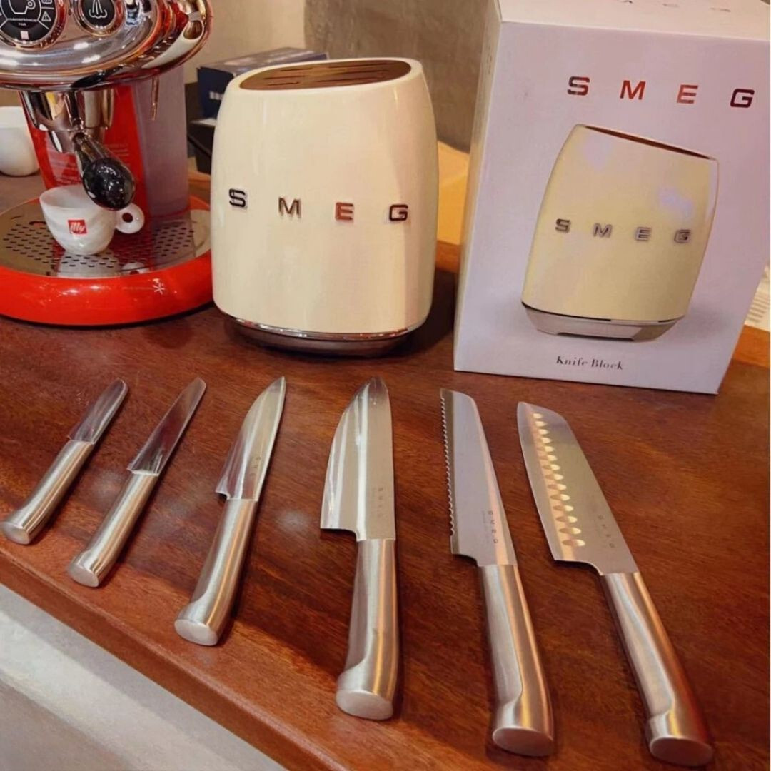 Smeg 7-Piece NEW knife Block set stainless steel color cream