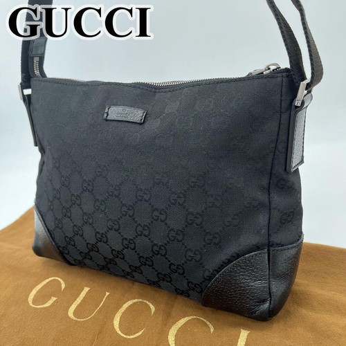 Gucci Shoulder Bag Gg Canvas Black Leather Crossbody USED