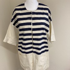 Hoss Intropia Linen Blend Blue & White Striped Abrigo Jacket With Pockets