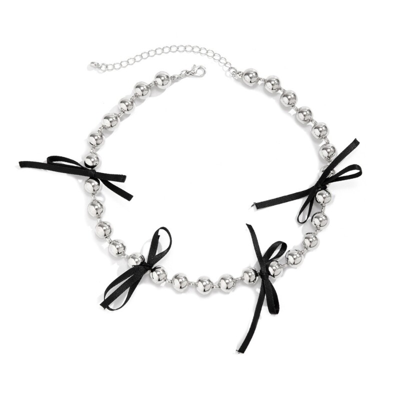 Stylish Stainless Steel Beaded Necklace with Bowknot Embellishment for Women