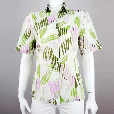 ERFO Short Sleeve Fitted Shirt Crepe Jersey Floral Feather Print Blous 36 Uk10 M