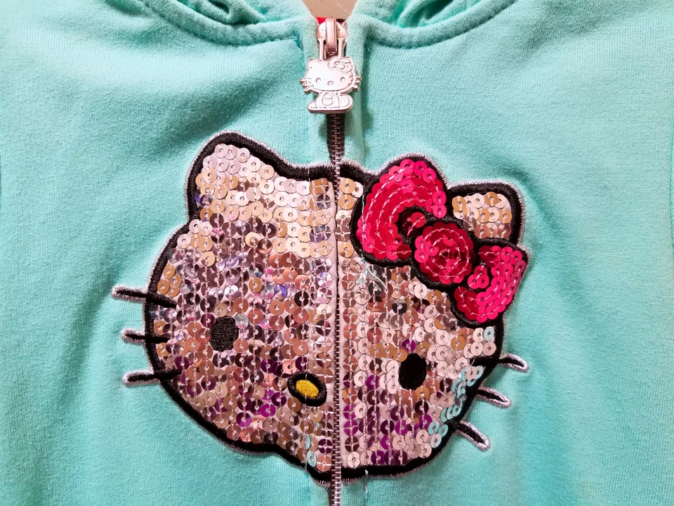 Hello Kitty Hoodie Toddler Girls 4T Turquoise Sequin Short Sleeve Zip-Up Sanrio  - Image 3 of 4