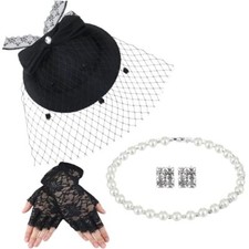 Fascinator Hat for Women Funeral Veil Hats Set Include Mesh Lace Gloves Necklace