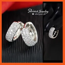 SILVER BLING 9K WHITE GOLD FILLED CRYSTAL BAND HER GIFT LADY GIRLS HOOP EARRINGS