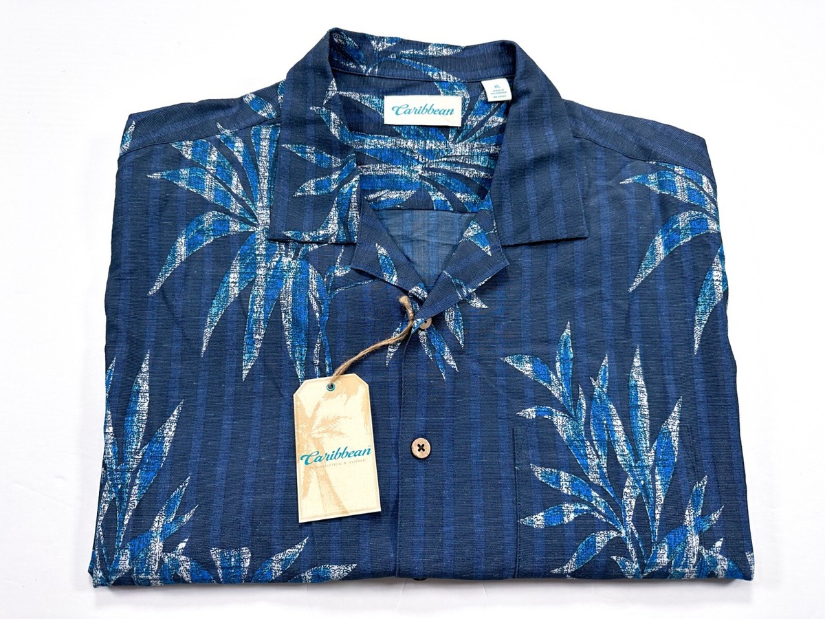 caribbean blue dress shirt Roundtree & Yorke Stripe Floral Hawaiian Button Front NEW Built for those who
