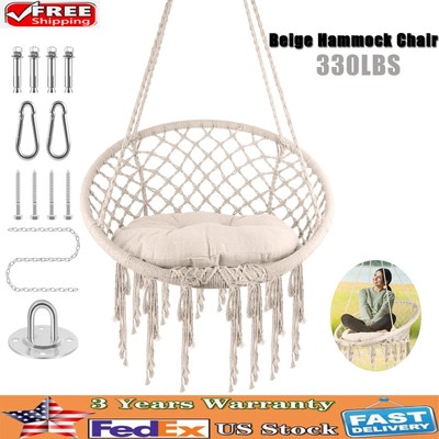 Hammock Chair Macrame Hanging Swing with Cushion, 330 lbs Indoor&Outdoor, Beige
