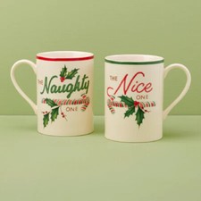 Lenox China Christmas HOLIDAY The Naughty / Nice One Mugs - Set of Two - N/O