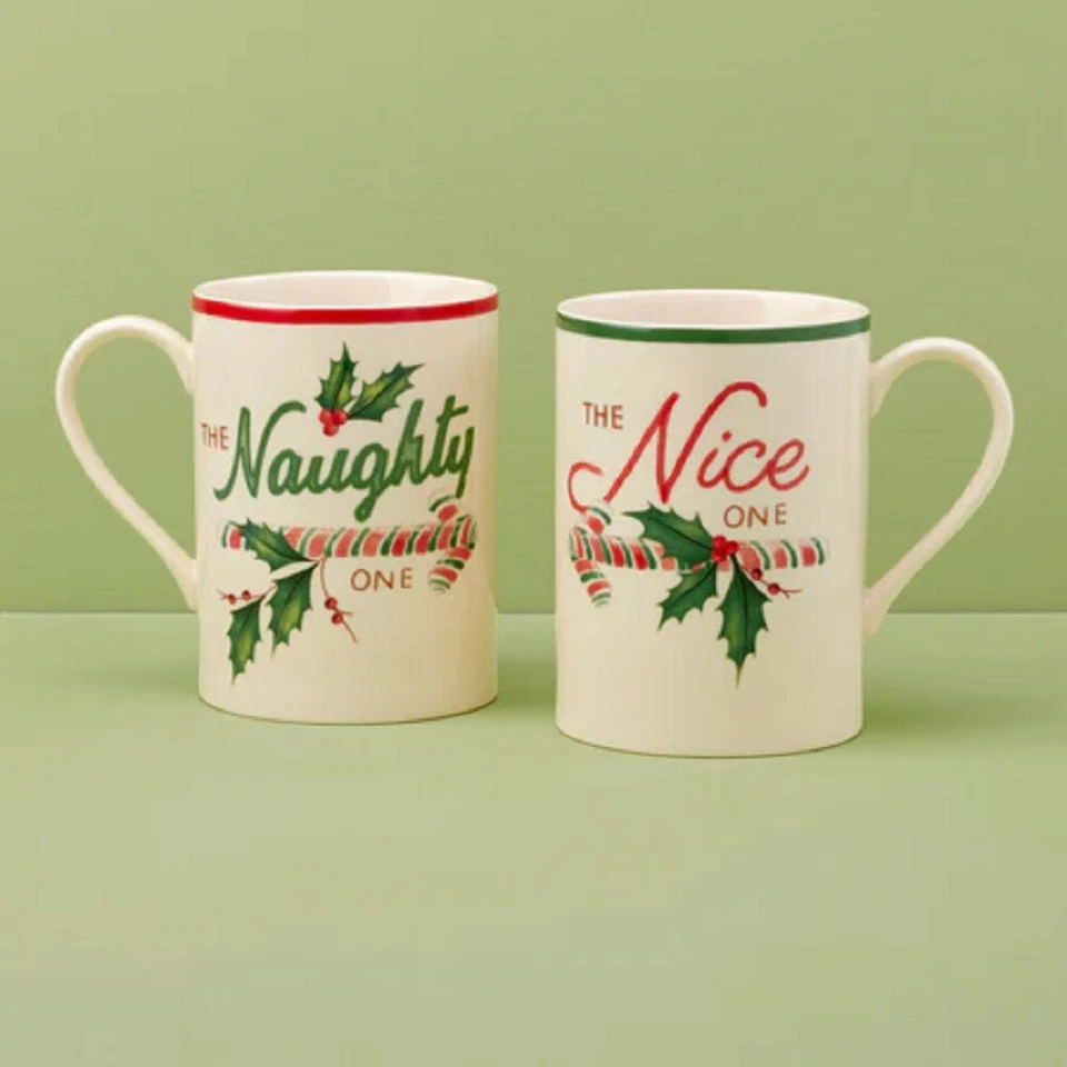 Lenox China Christmas HOLIDAY The Naughty / Nice One Mugs - Set of Two - N/O