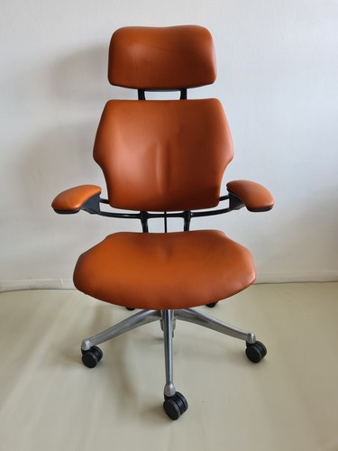 Humanscale Freedom Tan Leather Hide Chair Headrest Task Arms Chrome Base Brown - Picture 2 of 5