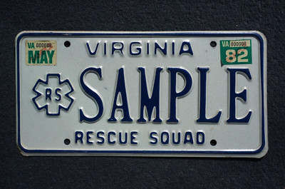 1982 Virginia RESCUE SQUAD Sample License Plate - EMERGENCY 911