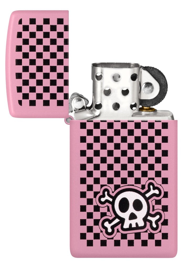 Zippo Slim Windproof Pink Matte Checkered Skull Lighter, 48680