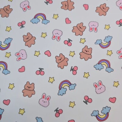 Hand Drawing Style Toy Rabbit Teddy Patterned Fabric made in Korea by the Yard