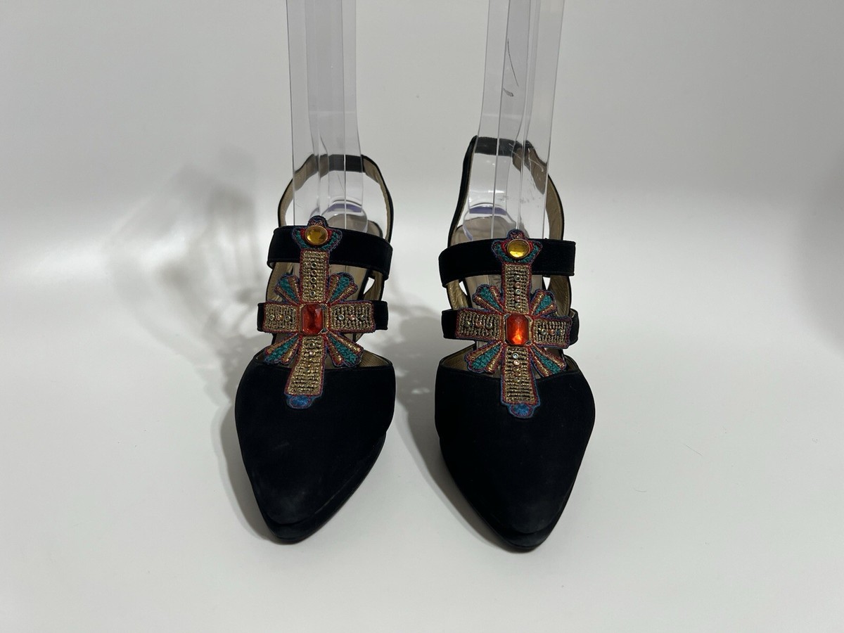 Vtg Gianni Versace 1991 Black Suede Byzantine Cross Slingback