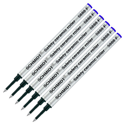 6X - Schmidt 5888 F Ceramic Rollerball Metal Tube Refill, Blue, Fine Point 0.6mm