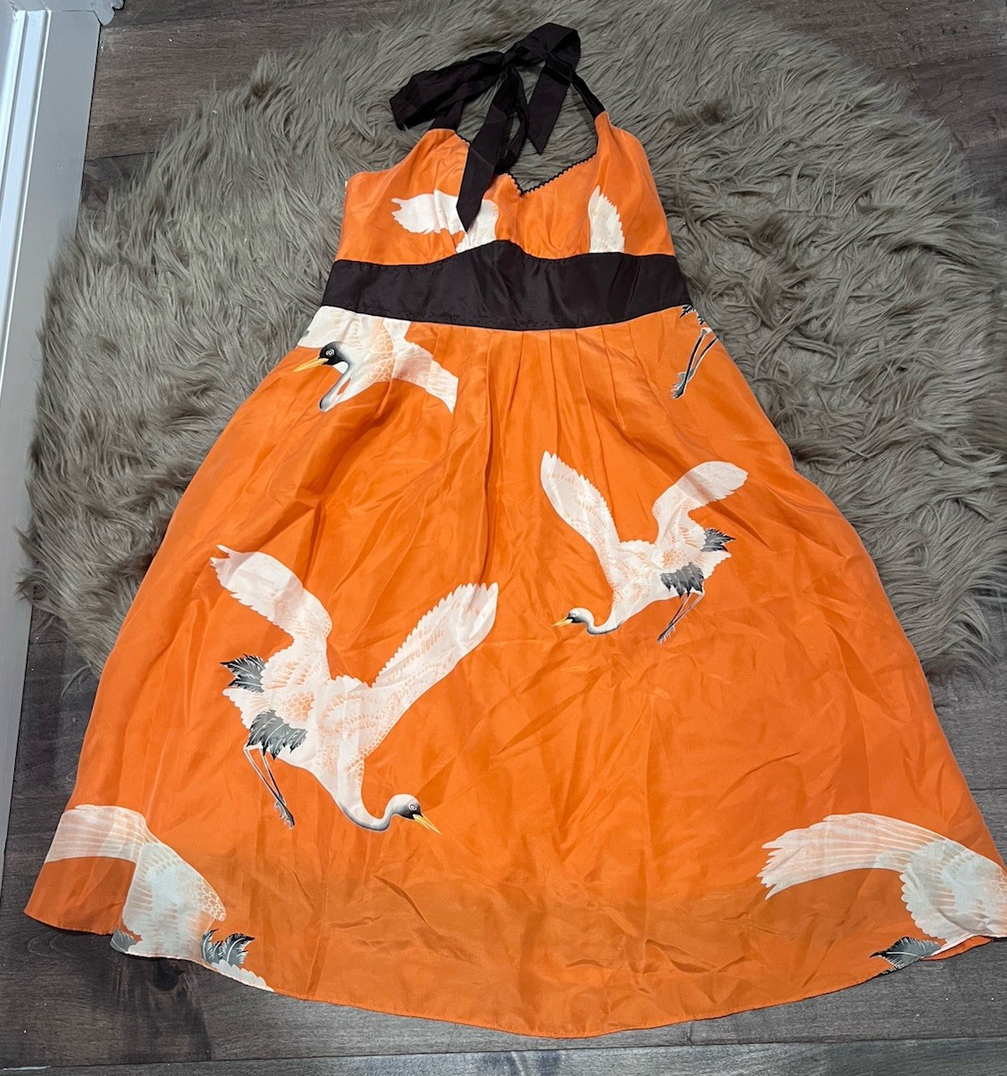 Moulinette Soeurs Dress Size 2 Orange Silk Halter V Neck Empire Waist Crane
