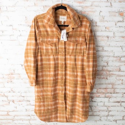 NEW Jessica Simpson Women s Plaid Shirt Jacket Shacket Toasted Coco Small
