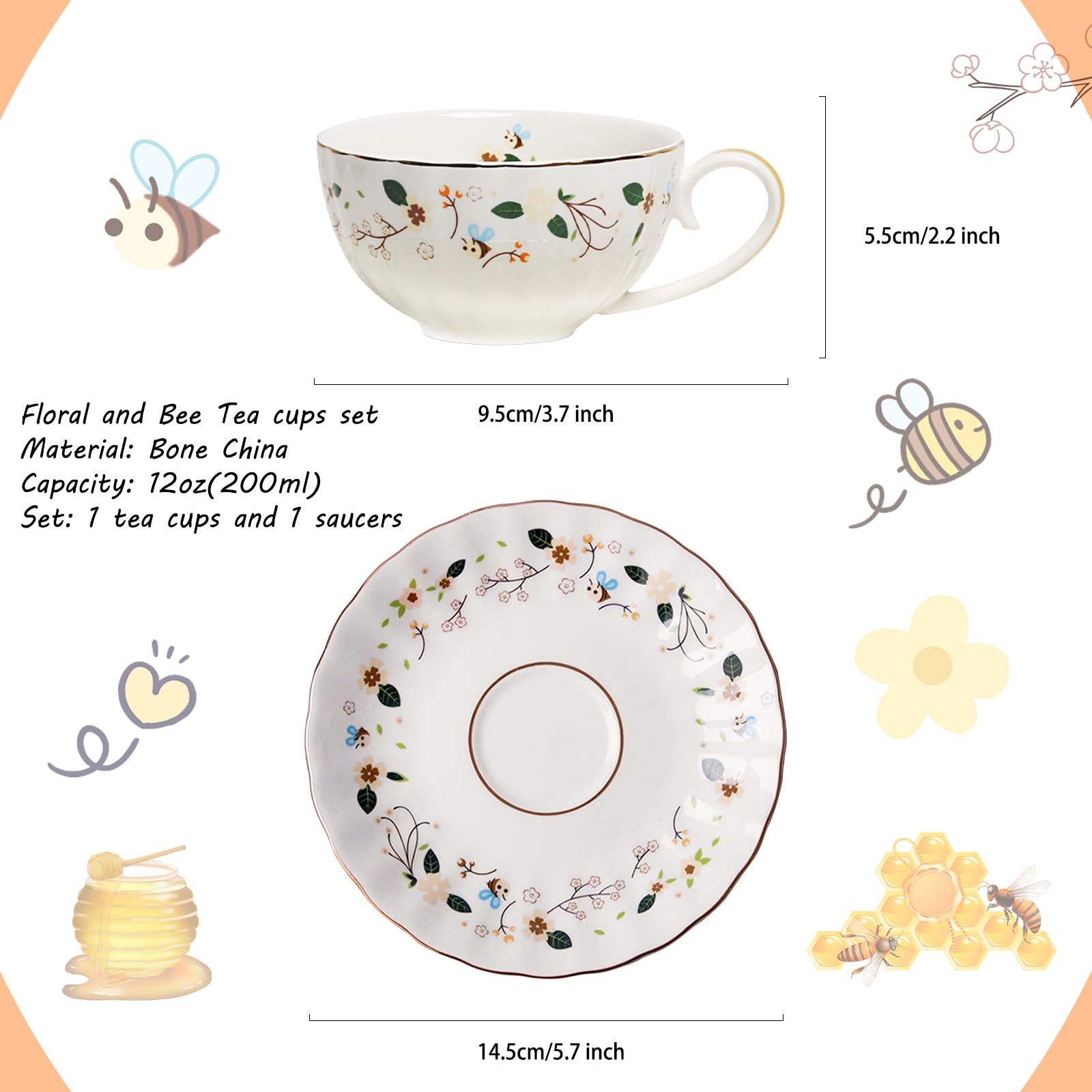 Flower Bee Tea cups and Saucers, Coffee Bone China Mug 1 Set with Beautiful