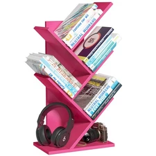 5 Tier Tree Book Shelf, Small Desktop Bookshelf with Storage Organizer, Wood ...