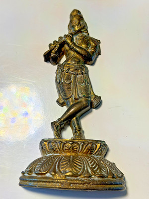 Vintage 6'' Lord Krishna Playing Flute Statue Handmade Brass Figure Home Decor
