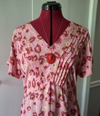 Vintage April Cornell Pink And Red Poppy Print 40s Style Dress Medium