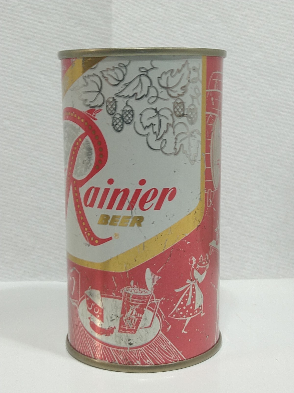 Red Rainier flat top Beer Can (Guy holding beer Stein, pretzels)
