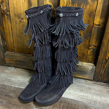 Minnetonka 1659 Women’s Black Suede Fringe Mid-Calf Zip Boots US 7