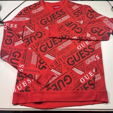 GUESS Los Angeles All Over Print Logo Red Crew Neck Sweatshirt Large
