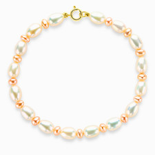 9ct Yellow Gold Genuine Pink/White Rice Pearl Button Design Bracelet, 7.5"