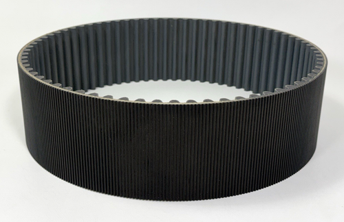 Black ribbed belt with silver edge, displayed on a plain white background.