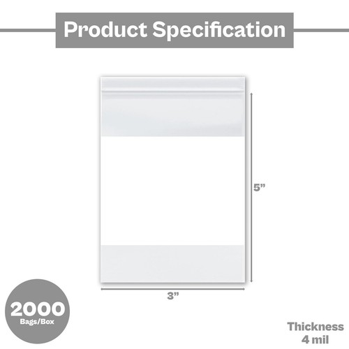 4 Mil Clear Reclosable Poly Bags with White Block Zipper 3" x 5" Pack of 2000 - Picture 3 of 6