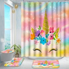 4 Pcs Bathroom Shower Curtain Set,Bathroom Sets with Rugs Bath Mat,U Shape an...
