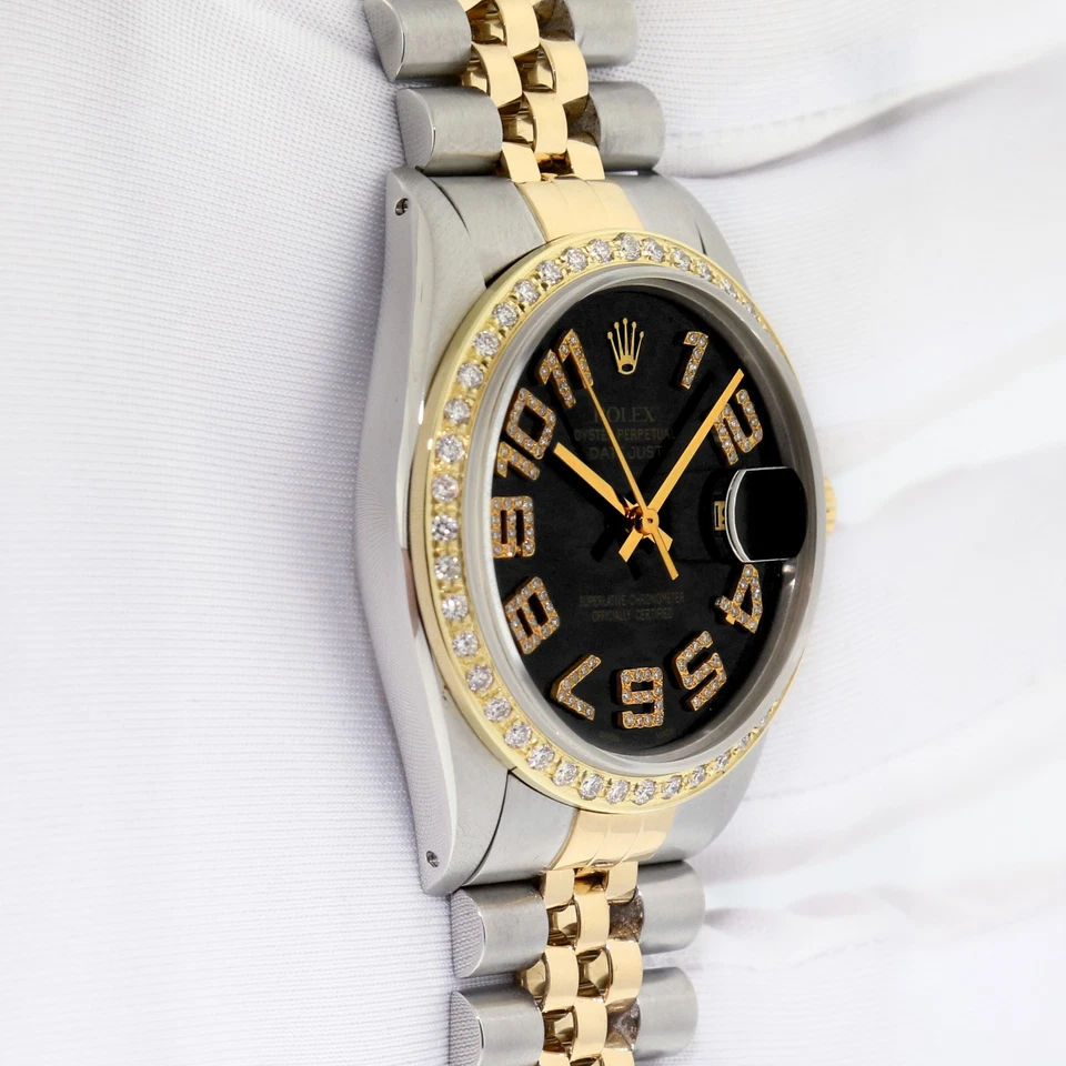 RELOJ ROLEX DATEJUST PARA HOMBRE 2 TONOS ESFERA DE DIAMANTE ROMANO NEGRO ORO 18K BISEL DE DIAMANTES Foto 4 de 4