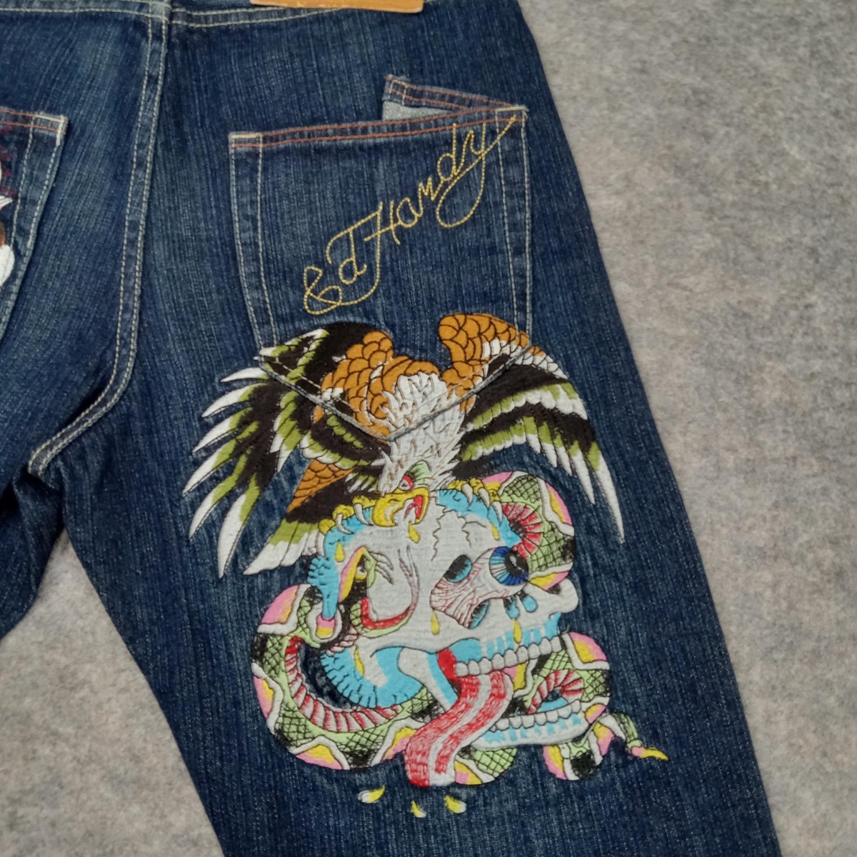 Ed Hardy Jeans Mens 30x32 Blue Embroidered Eagle Dragon Skull