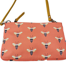 Fossil BEE Coral Crossbody Wallet Purse Zipper Top Bag Leather Strap Nylon Body