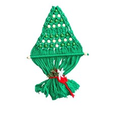 Vintage Macrame Christmas Tree Wall Hanging Green Rope Wooden Beads 28 Inch