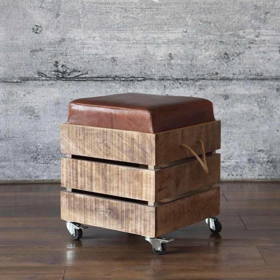 Sitztruhe VINTAGE Hocker Leder Truhenbank mit Rollen Massivholz Stauraum Design - Bild 3 von 4