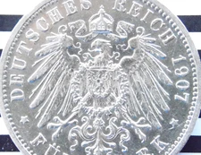 GERMAN 5 Mark 1907 A PRUSSIA KAISER WILHELM II 900 Silver Coin EMPIRE WW1 NICE