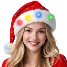 LED Santa Hat Light Up Christmas Glow Lighted Cap Red White One Size Fit New