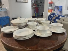 Vintage Rose Point Pose Gosser china Teacup Saucer Bowl Cream Sugar Bowl Plate 