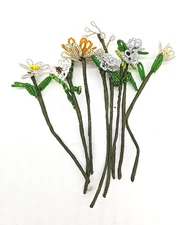 Vtg French Beaded Tiny Flower Daisy Bouquet 8 Stem Seed Bead Handmade Poseable