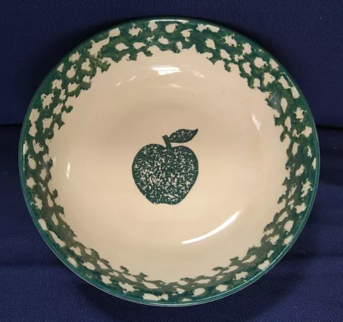 Vintage Folkcraft Tienshan Green Apple Sponged Stoneware  6.5" Bowl 