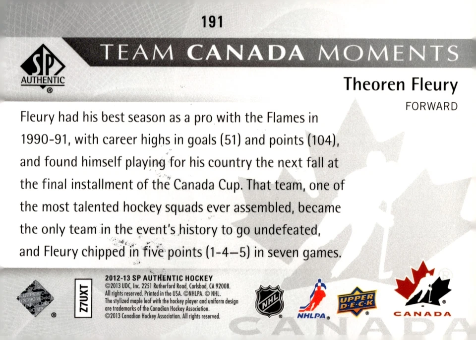 Theoren Fleury - Signed 2012-13 Upper Deck SP Authentic Team Canada Moments #191 - Image 2 of 2