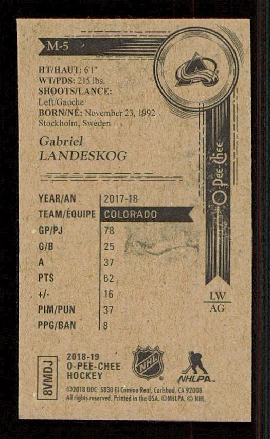 2018-19 O-Pee-Chee Mini #M5 Gabriel Landeskog - Image 2 of 2