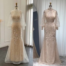 Luxury Mermaid Evening Dresses High Neck Sulfur Sleeves Tulle Applique Ball Gown