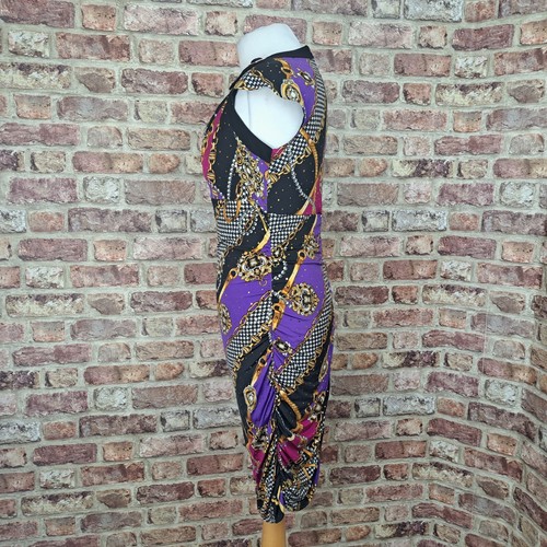 Joseph Ribkoff Dress 10 Purple Black Fitted Knee Length Stretch Buckle Neck - Picture 8 of 12