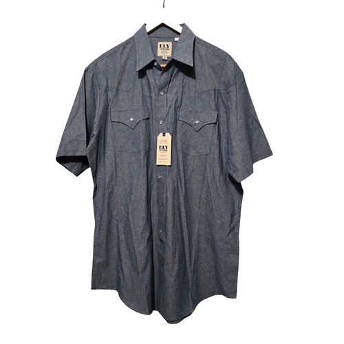 Chemise à Pression Ely Cattleman – Manches Courtes Rayées Bleues, Taille L, Occasion Excellent état
