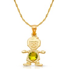 14K Yellow Gold Birthstone CZ Boy Charm Pendant  0.9mm Singapore Chain Necklace